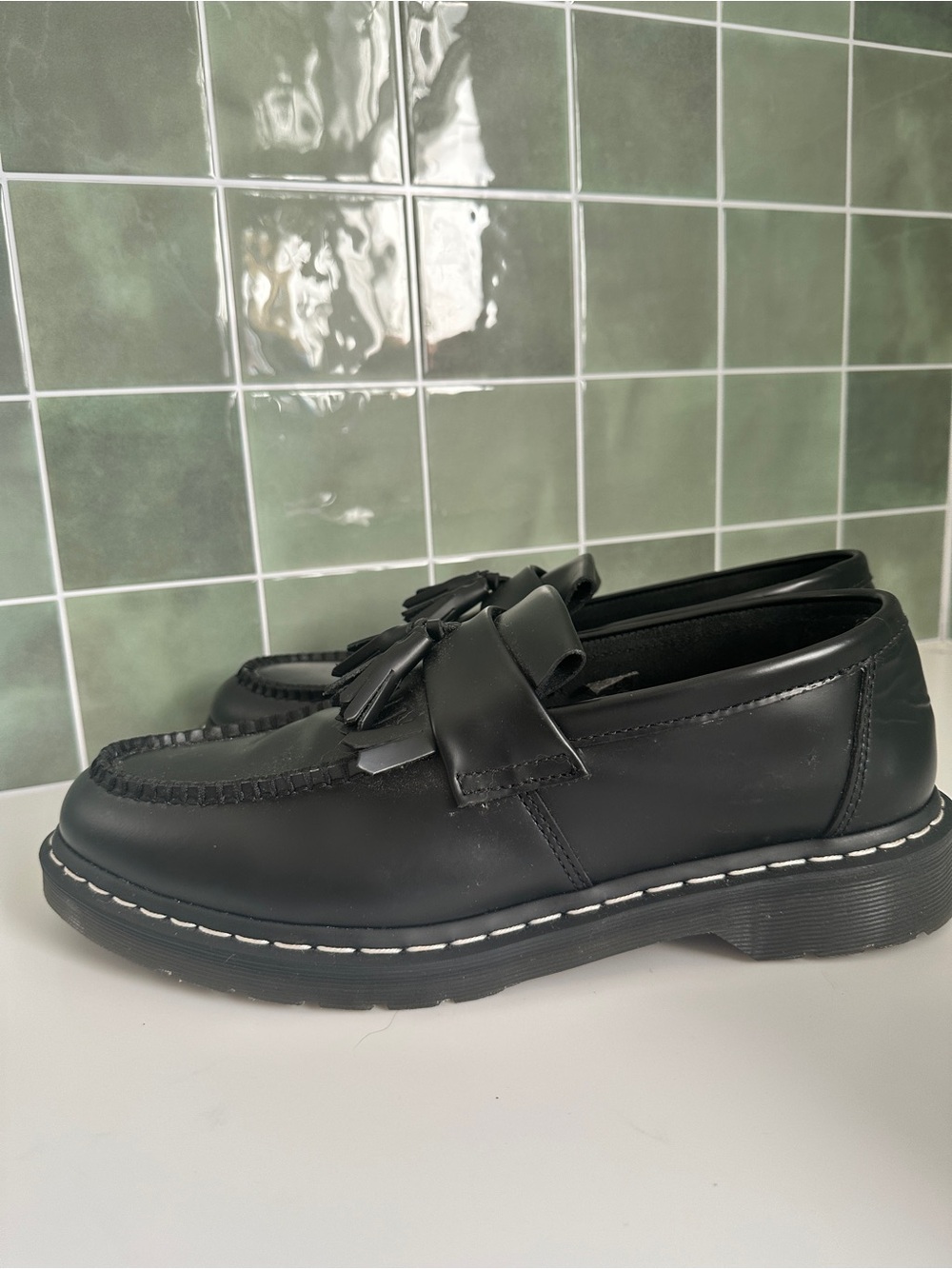 Dr. Martens Adrian Black Leather Tassel Loafers for Men - White Stitch - Picture 4 of 7